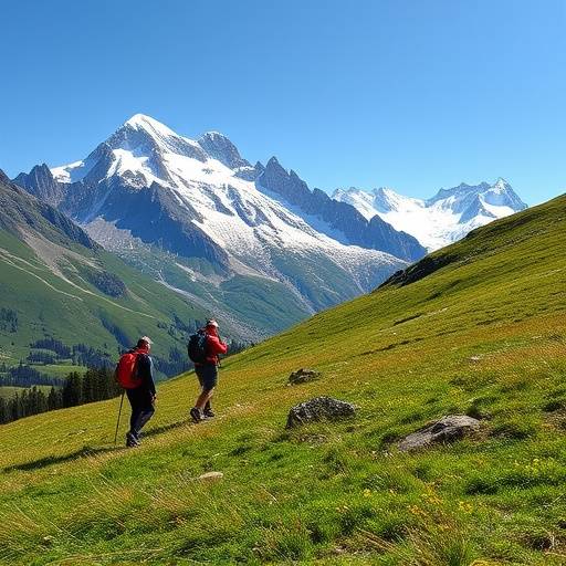 A group of hikers trekking through a vibrant alpine meadow with snow-capped mountains in the background
