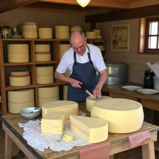 A group of people participating in a cheesemaking workshop, guided by a local artisan, in a traditional Swiss farmhouse