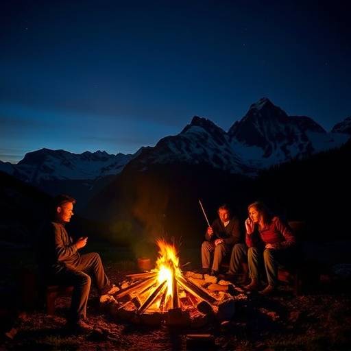 A group of people sitting around a campfire, sharing stories and enjoying the peaceful atmosphere of the Swiss Alps at night