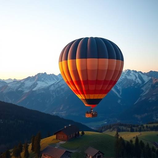 A hot air balloon flying over the Swiss Alps at sunrise, offering breathtaking panoramic views of the mountains and valleys.