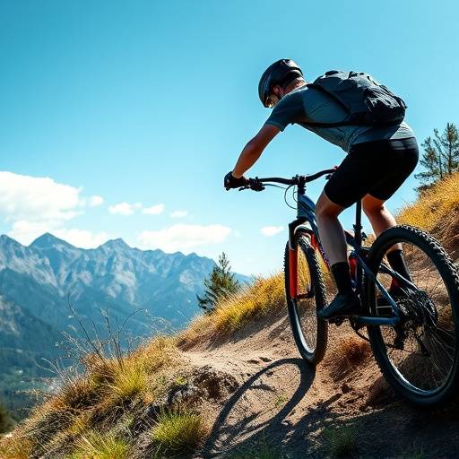 A mountain biker riding on a single track trail with stunning alpine scenery in the background