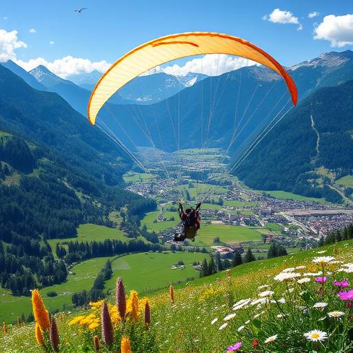 A paraglider soaring above a picturesque valley with colorful wildflowers and traditional Swiss villages below
