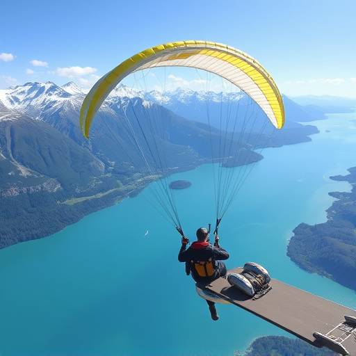 A paraglider soaring over Interlaken with stunning views of the turquoise lakes and snow-capped mountains.