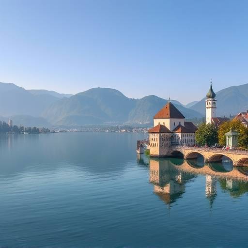 A scenic view of Lucerne Lake with the Chapel Bridge and Water Tower in the foreground and the Swiss Alps in the background.
