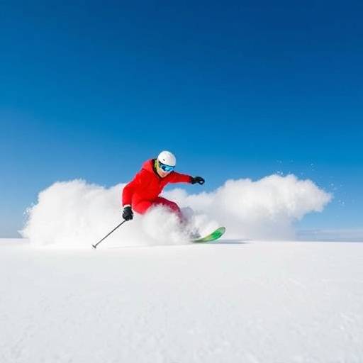 A snowboarder carving through fresh powder on a pristine slope with a clear blue sky above