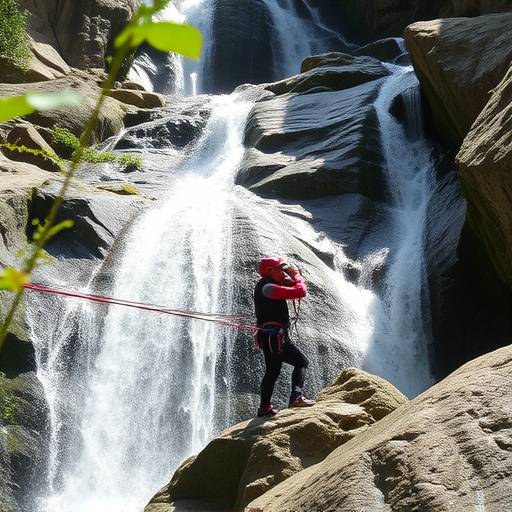 A thrilling canyoning adventure in the Swiss Alps with participants rappelling down waterfalls.