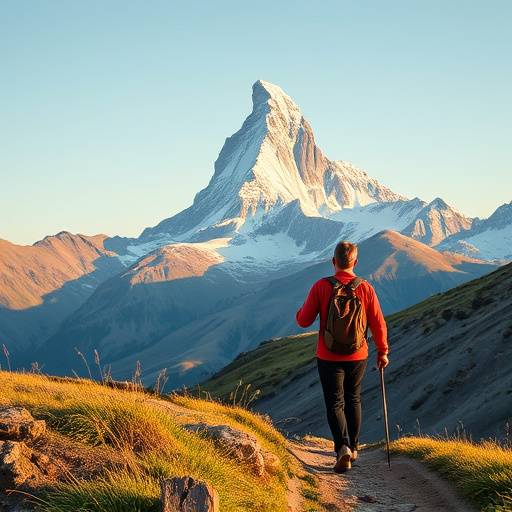 Couple walking hand-in-hand on a scenic hiking trail in Zermatt, with the Matterhorn in the backdrop.