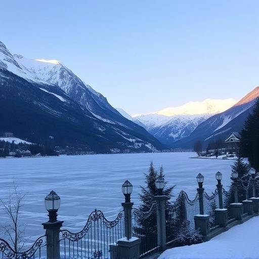 Elegant St. Moritz town nestled in the Engadin valley with a frozen lake