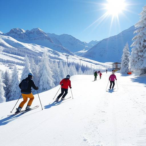 Group of skiers enjoying fresh powder on a sunny day in St. Moritz, Switzerland.