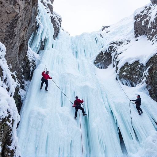 Ice climbing adventure on a frozen waterfall in the Swiss Alps, with experienced guides and climbers scaling the ice.