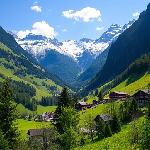 Lush green valley of Grindelwald surrounded by snow-capped mountains