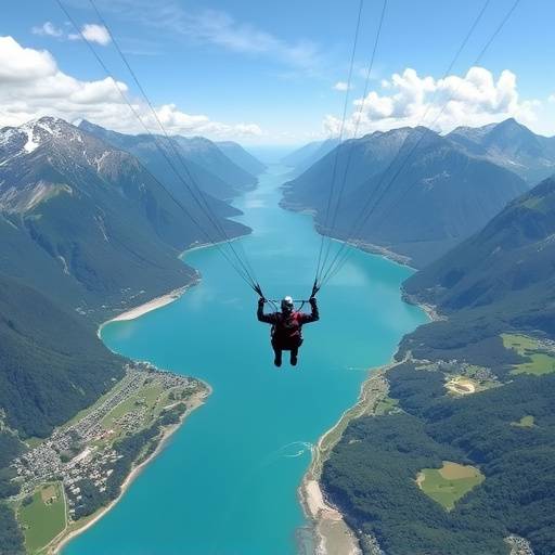 Paraglider soaring over the stunning landscapes of Interlaken, Switzerland, with turquoise lakes and green valleys below.