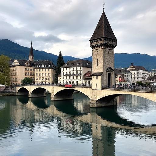 Picturesque view of Lucerne's Chapel Bridge and Water Tower over the Reuss River