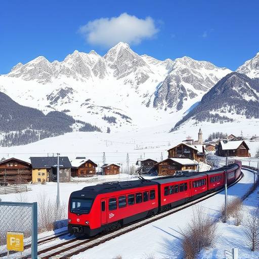 Scenic train journey through the Swiss Alps, passing through snow-covered landscapes and traditional Swiss villages.