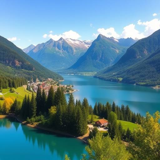Scenic view of Interlaken nestled between two lakes with mountains in the background