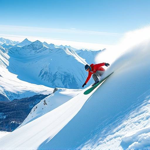 Snowboarder performing a trick on a half-pipe in the Swiss Alps, with blue sky and snow-covered mountains in the background.