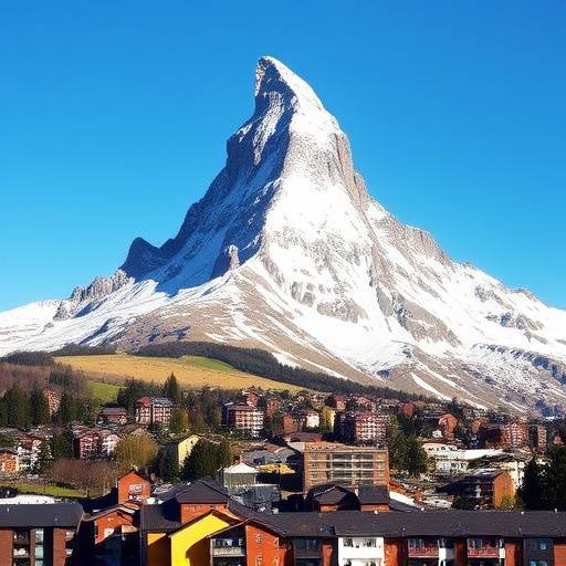 The iconic Matterhorn mountain towering over the village of Zermatt in the Swiss Alps.