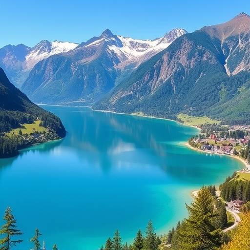 The picturesque town of Interlaken nestled between two stunning turquoise lakes and surrounded by the Swiss Alps.